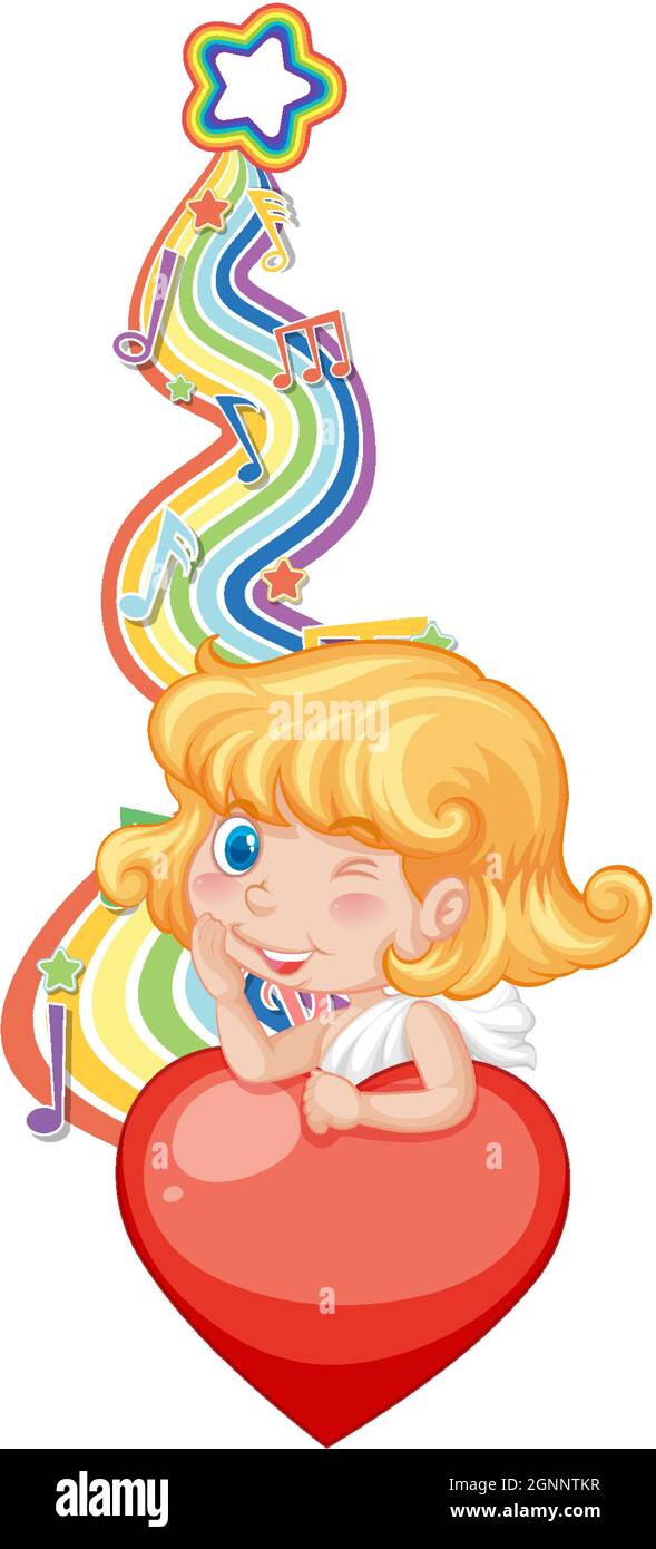 Cupid girl with melody symbols on rainbow wave illustration Stock ...