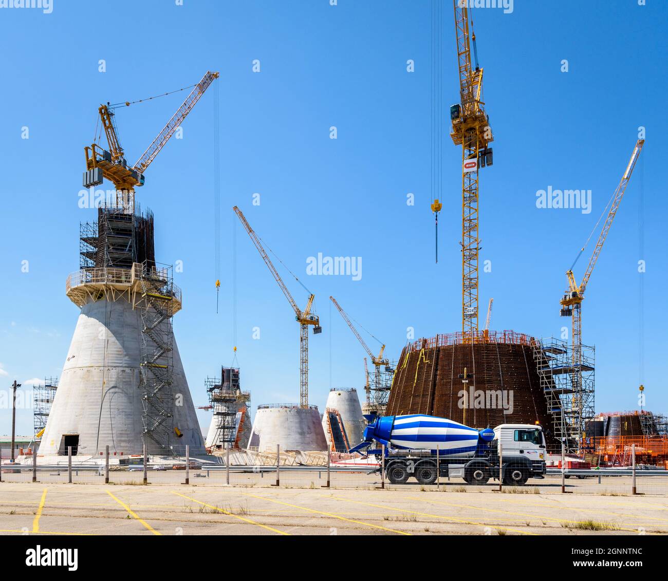 Construction site of offshore wind turbine foundations in Le Havre, France. Stock Photo