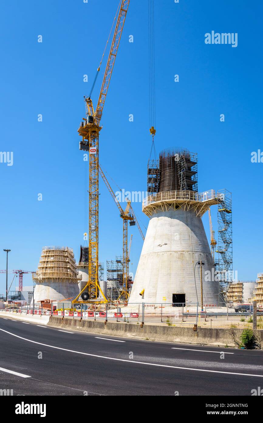 Construction site of offshore wind turbine foundations in Le Havre, France. Stock Photo