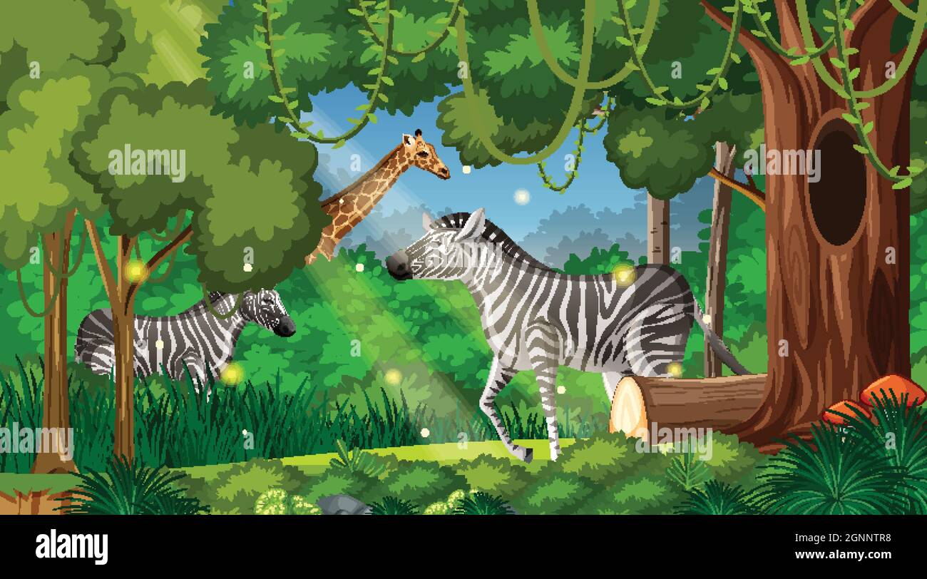 Wild animals in forest landscape background illustration Stock Vector ...