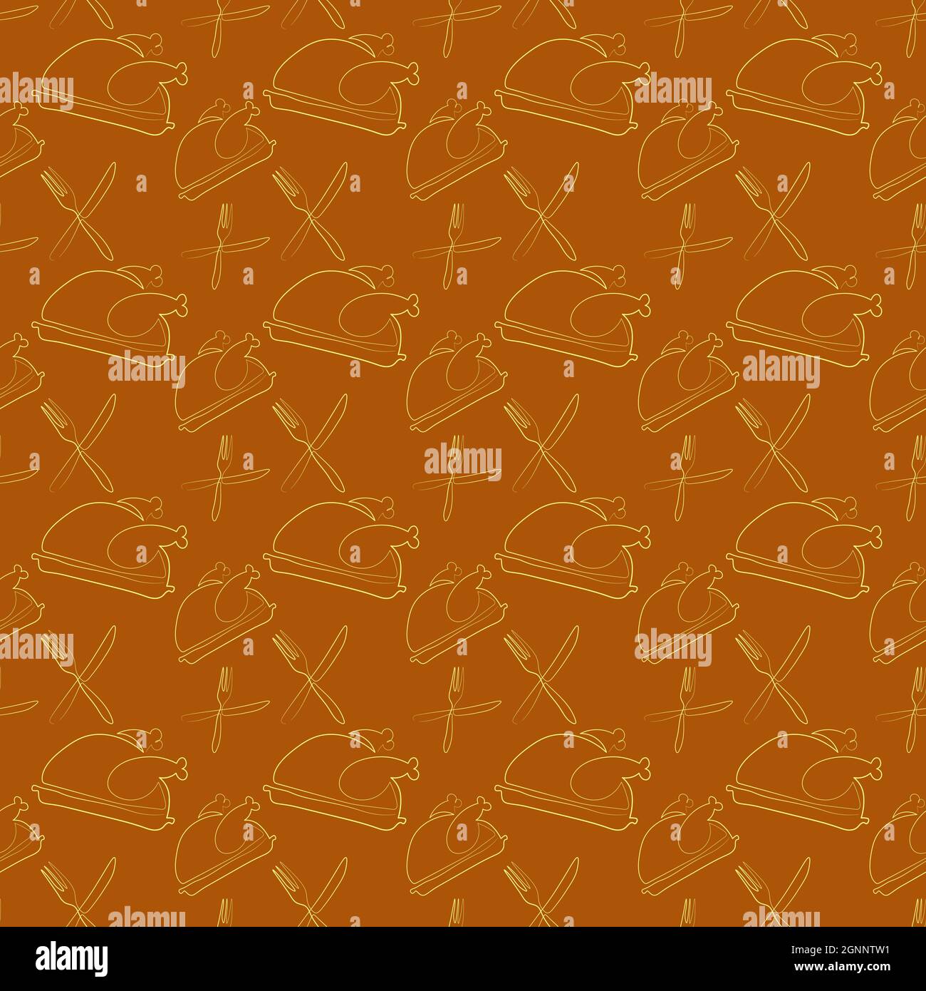 Seamless pattern with drawing in one line style turkey thanksgiving dinner serving Stock Vector