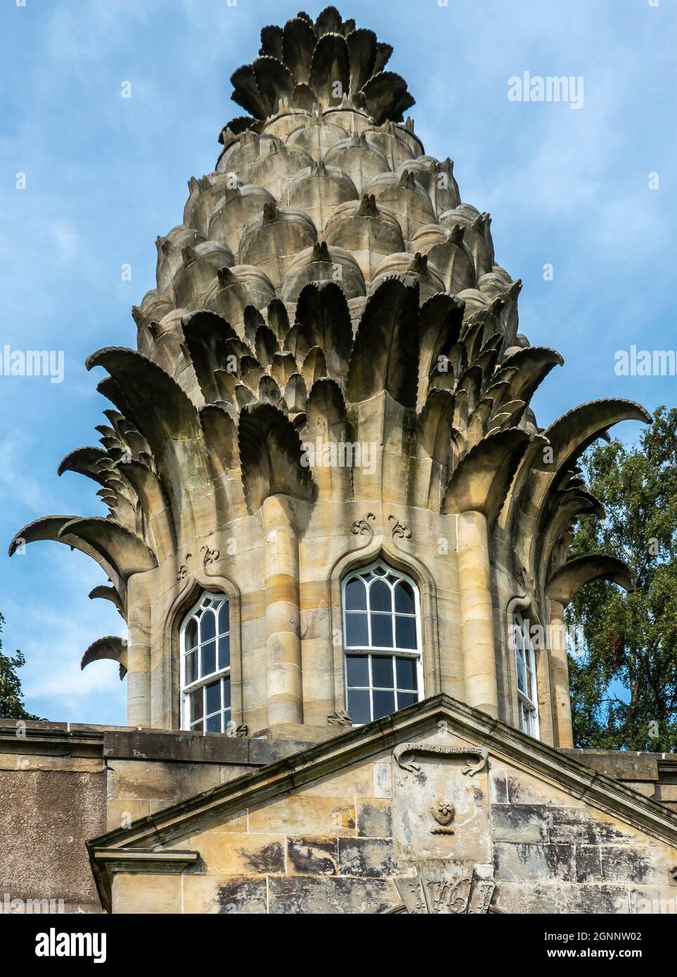 Detail of The Dunmore Pineapple folly in Dunmore Park, at Airth near Stirling in Stirlingshire Scotland uk owned by the Natiional Trust for Scotland Stock Photo