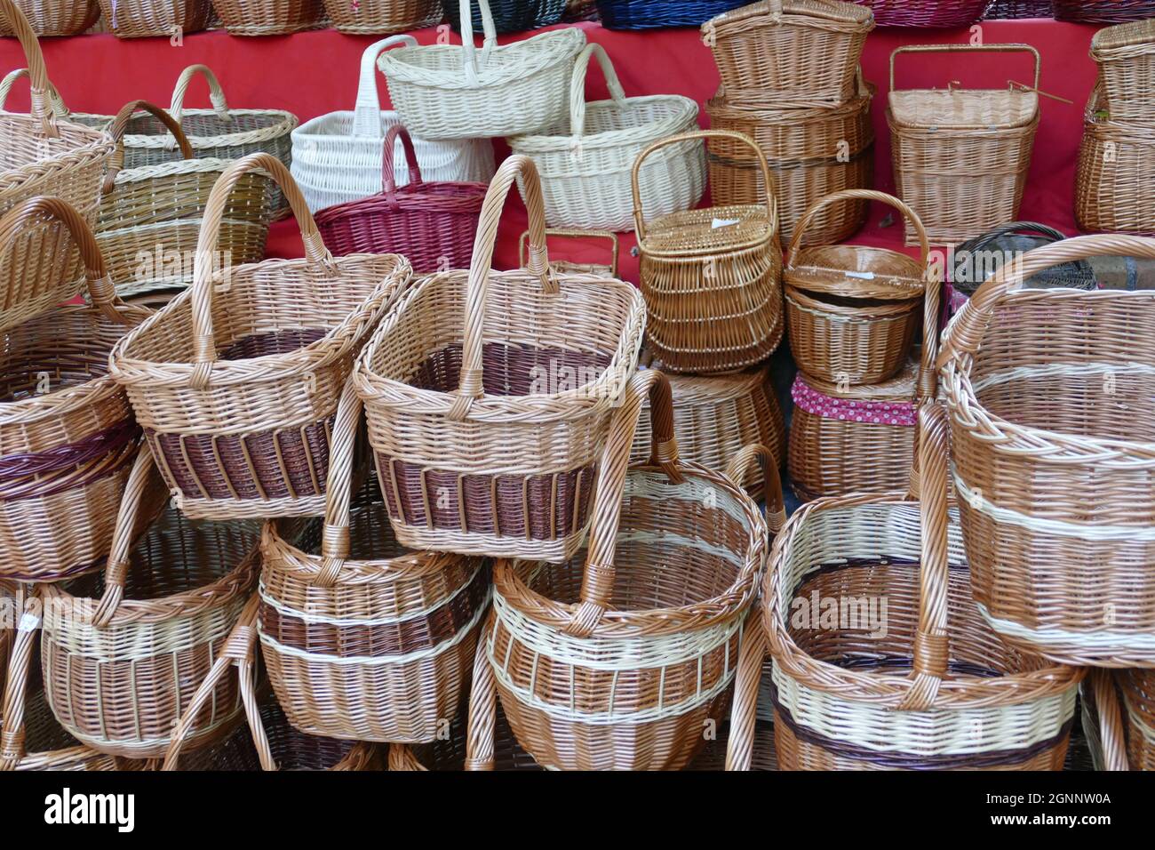 Wicker work baskets on a market, sustainable bags, cases, products from sudamerica. Stock Photo