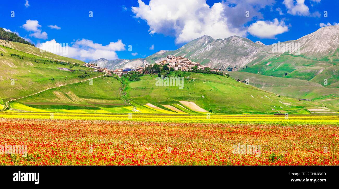 scenic landscapes of Italy - Castelluccio di Norcia village, blooming floral meadows. Umbria Stock Photo