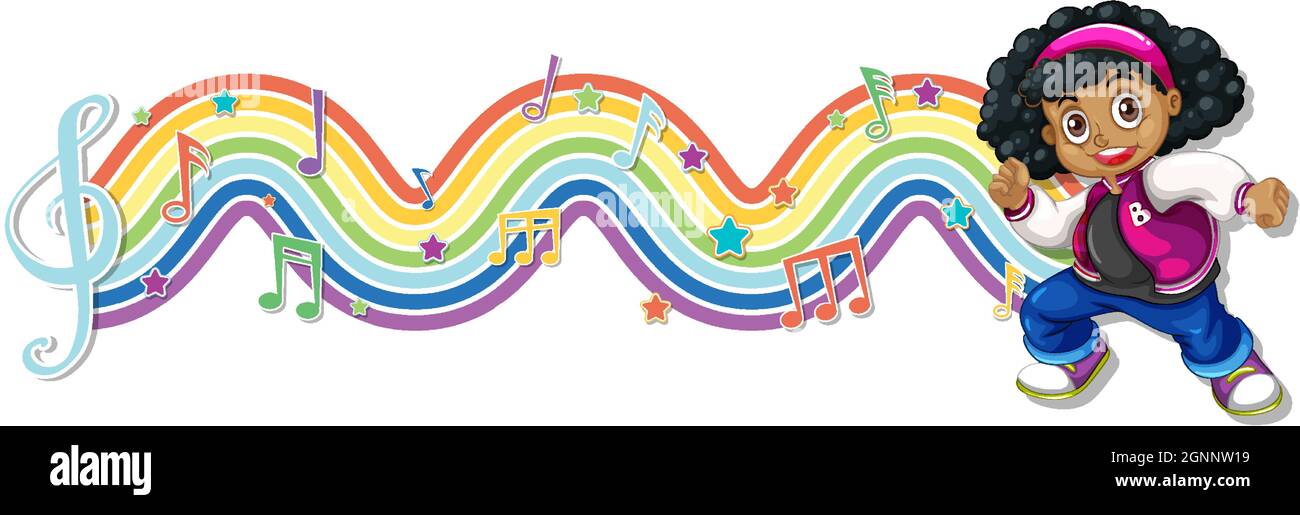 Girl with melody symbols on rainbow wave illustration Stock Vector ...