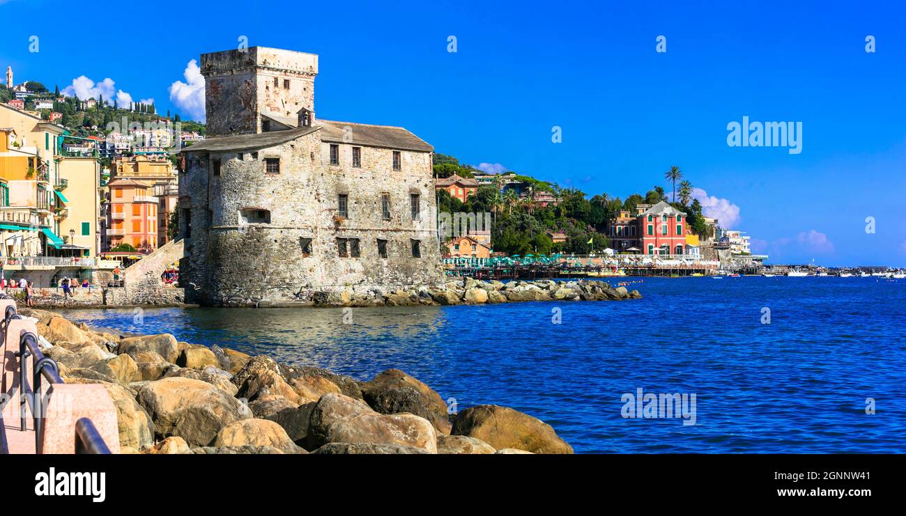 Beautiful italian coastal town Rapallo. View of medieval fortress and beach. Italy, Liguria summer holidays Stock Photo