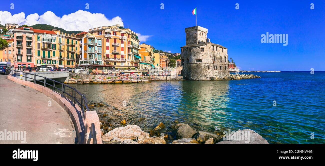 Beautiful italian coastal town Rapallo. View of medieval fortress and promenade. Italy, Liguria, 31.08.21 Stock Photo