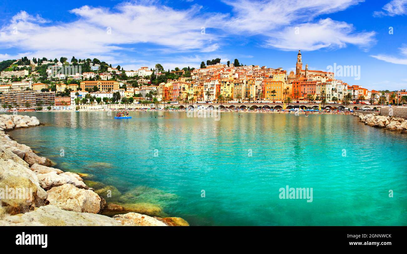 French summer holidays in Cote azure Menton town with colorful houses