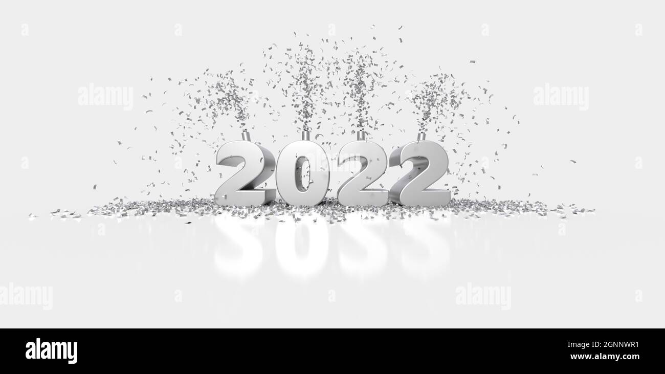 Greeting card for the year 2022 with golden number and party favors on white background - 3D rendering Stock Photo