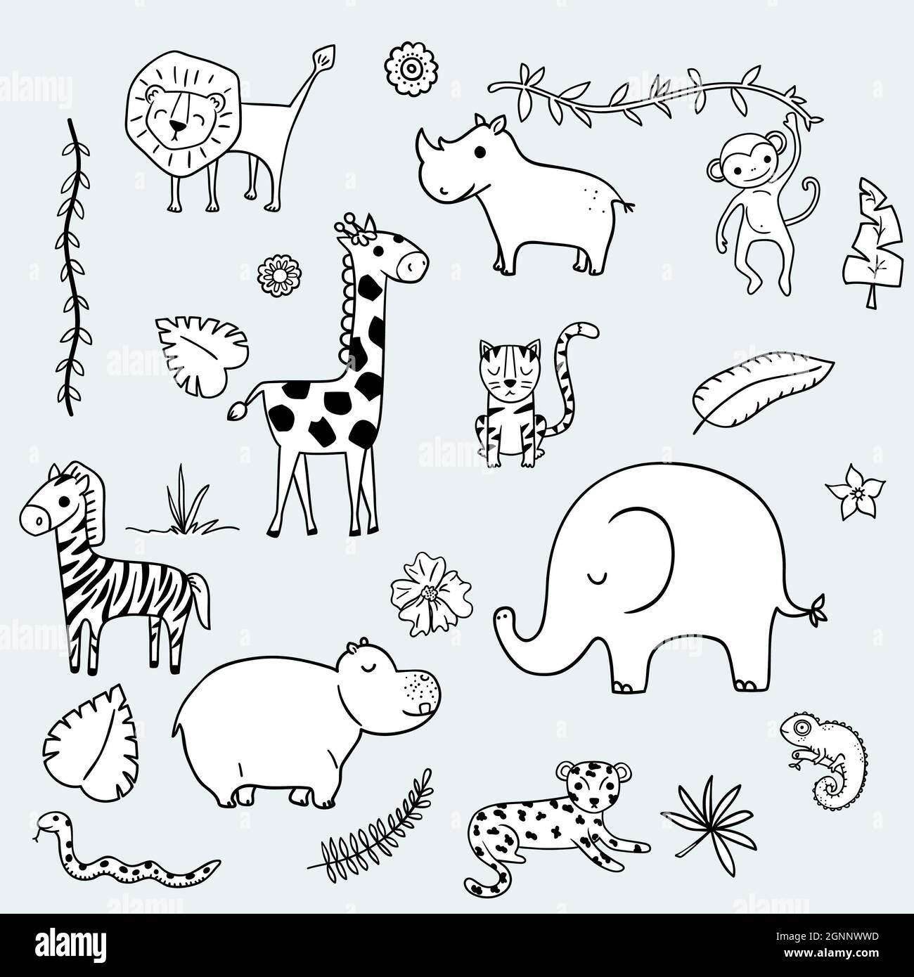 Cute jungle and safari animals. Tropical leaves. Hand drawn wild life and nature. Cartoon zoo characters. Black and white Stock Photo - Alamy Cute jungle and safari animals. Tropical leaves. Hand drawn wild life and nature. Cartoon zoo characters. Black and white Stock Photo - Alamy
