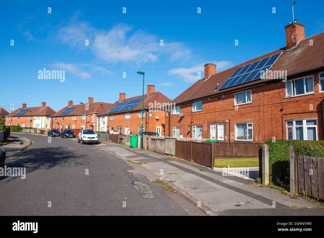 Social housing with solar panels on the roof, Aspley and Broxtowe Nottingham Nottinghamshire England UK Stock Photo
