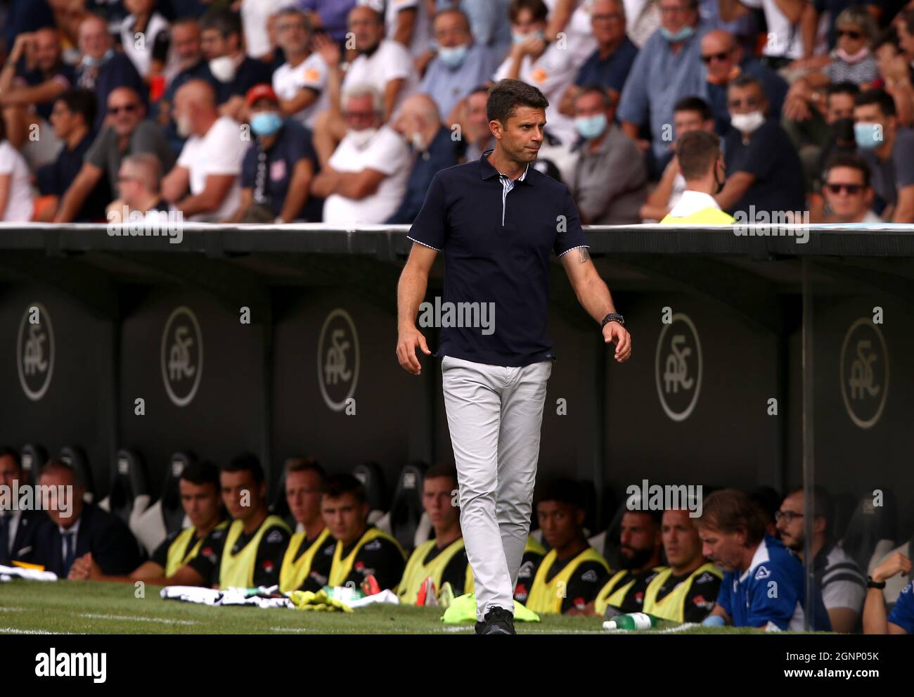 LA SPEZIA, ITALY - SEPTEMBER 25: Thiago Motta Head Coach of Spezia Calcio looks on ,during the Serie A match between Spezia Calcio and AC Milan at Stadio Alberto Picco on September 25, 2021 in La Spezia, Italy. (Photo by MB Media) Stock Photo