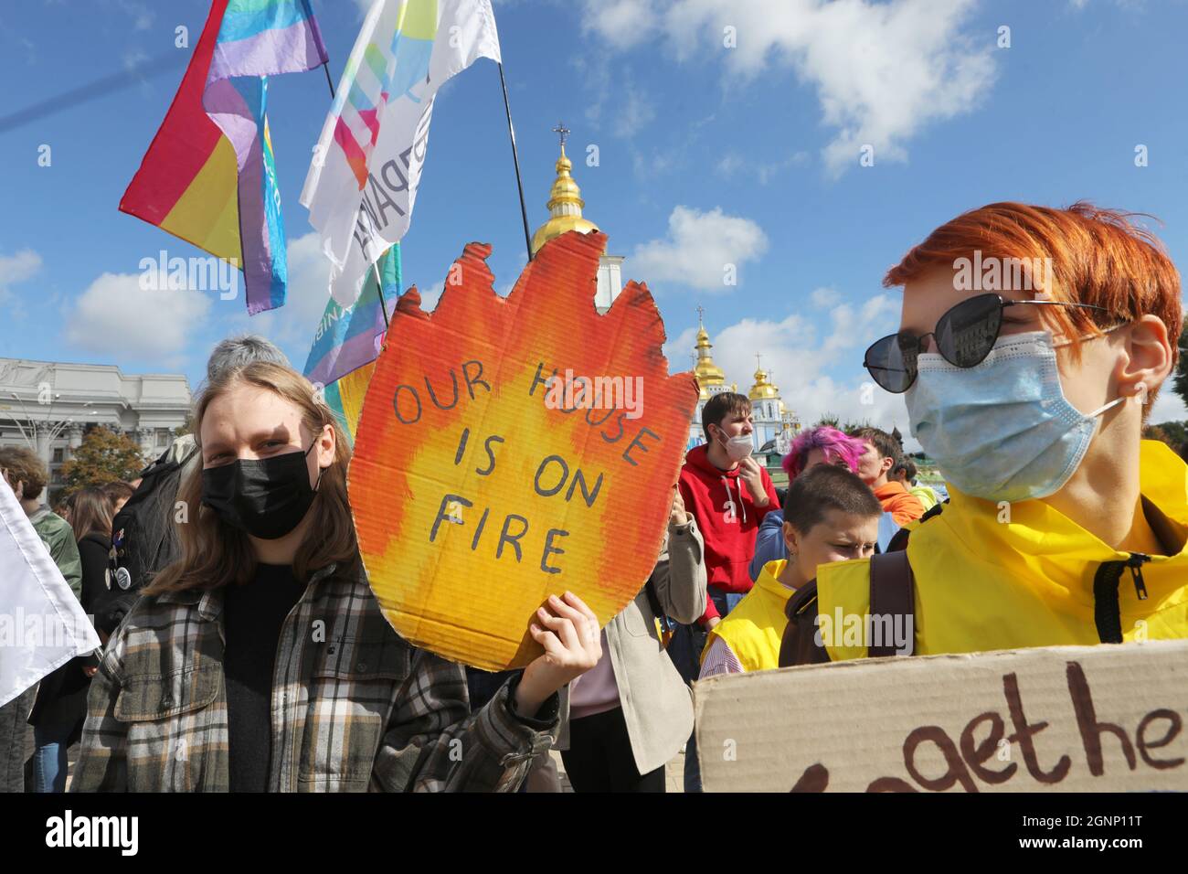 KYIV, UKRAINE - SEPTEMBER 26, 2021 - Environmental activists rally in Mykhailivska Square during the march urging to address climate change and natura Stock Photo