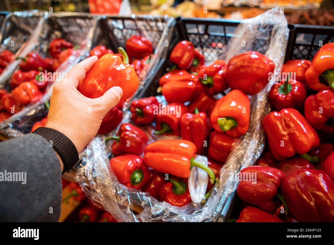 man hand holding sweet red pepper in grocery store Stock Photo - Alamy