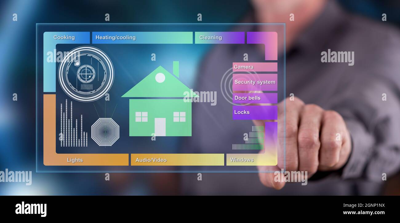 Man touching a smart home concept on a touch screen with his finger ...