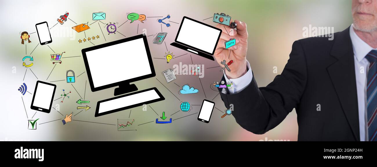 Businessman drawing a network communication concept Stock Photo - Alamy