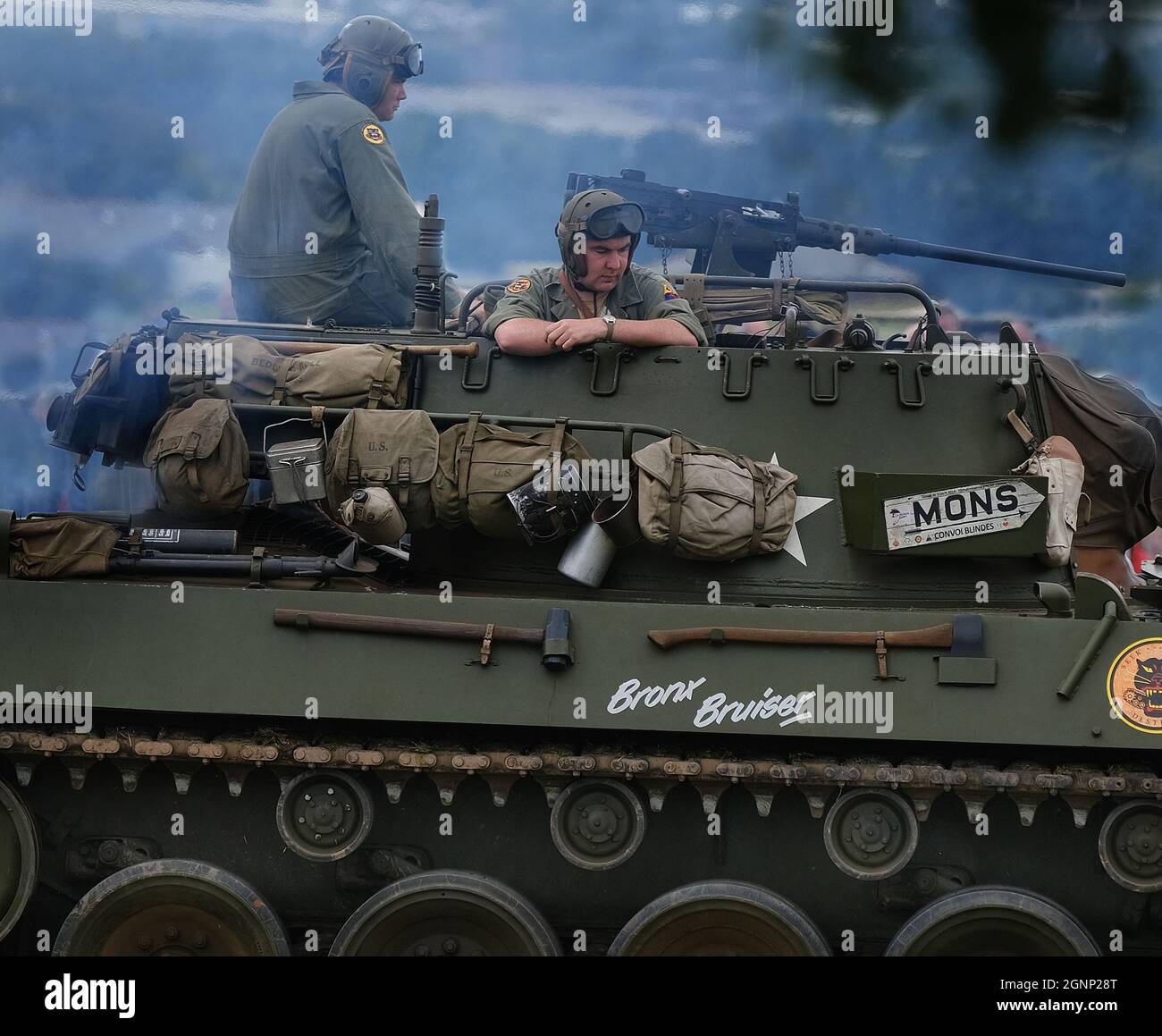Sherman tank crew with 50 calibre machine gun. Public world war two show. Stock Photo