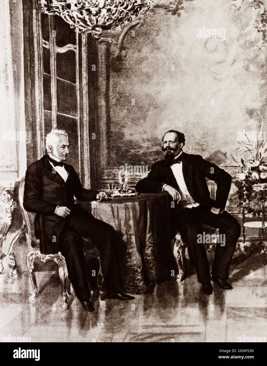 Victor Emmanuel II of Savoy  talking with Italian writer  Alessandro Manzoni, 1859, engraving. Stock Photo