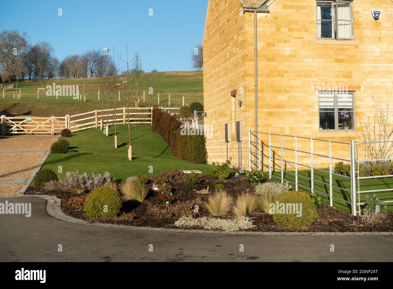 Newly planted trees and flower by the side of a new Cotswold stone houses near Chipping Campden Cotswolds UK Stock Photo