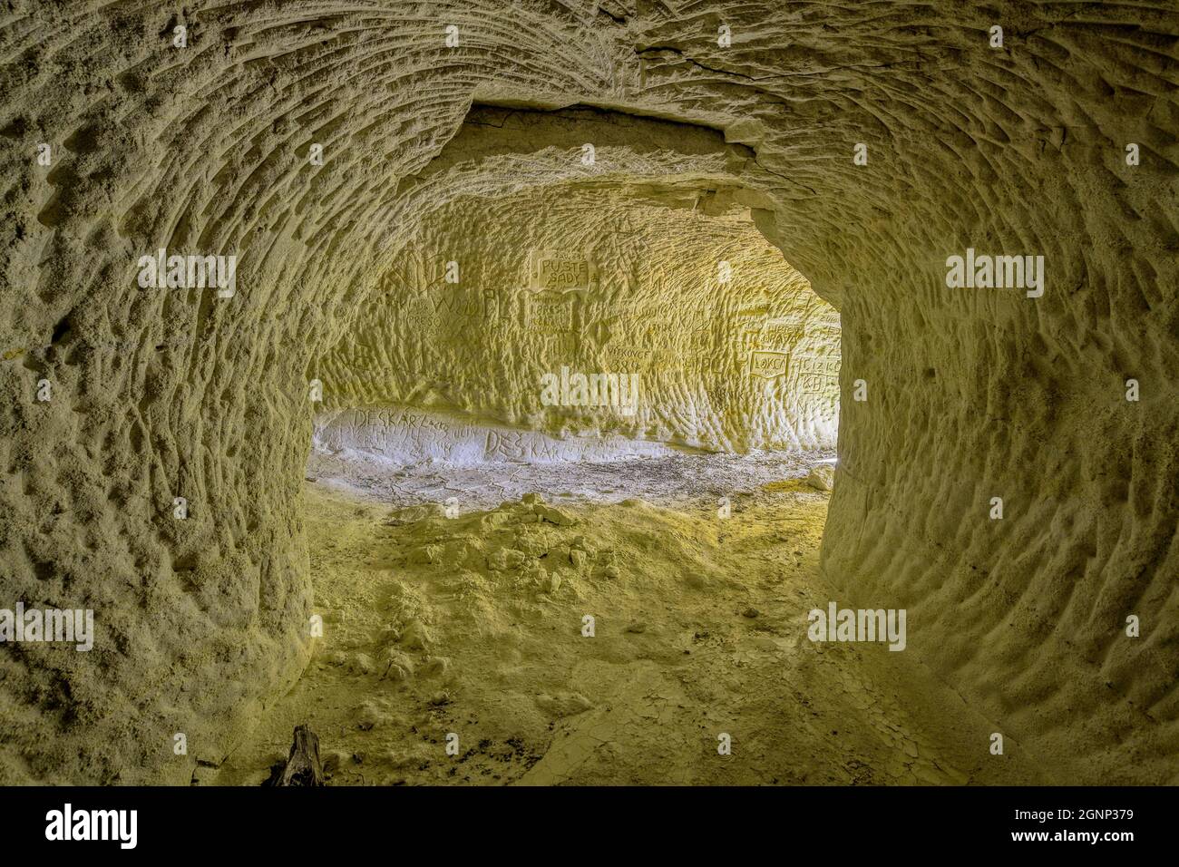 Remains of kaolin underground mining near Červený Újezd, Czech republic. Two adits with inscriptions made by conscripts from nearby barracks. Stock Photo