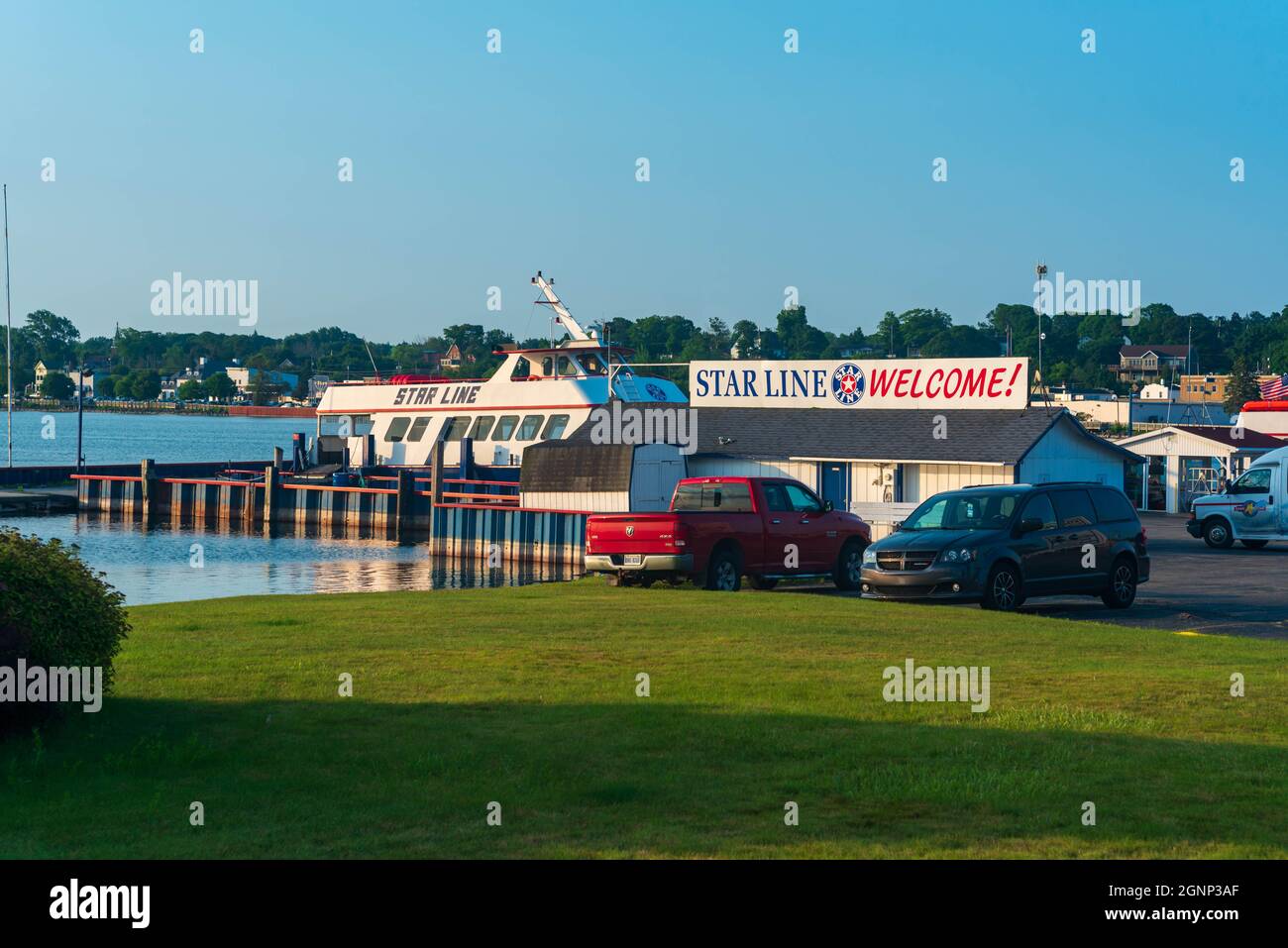St. Ignace, MI July 14, 2021 Star Line Ferry docked in St. Ignace