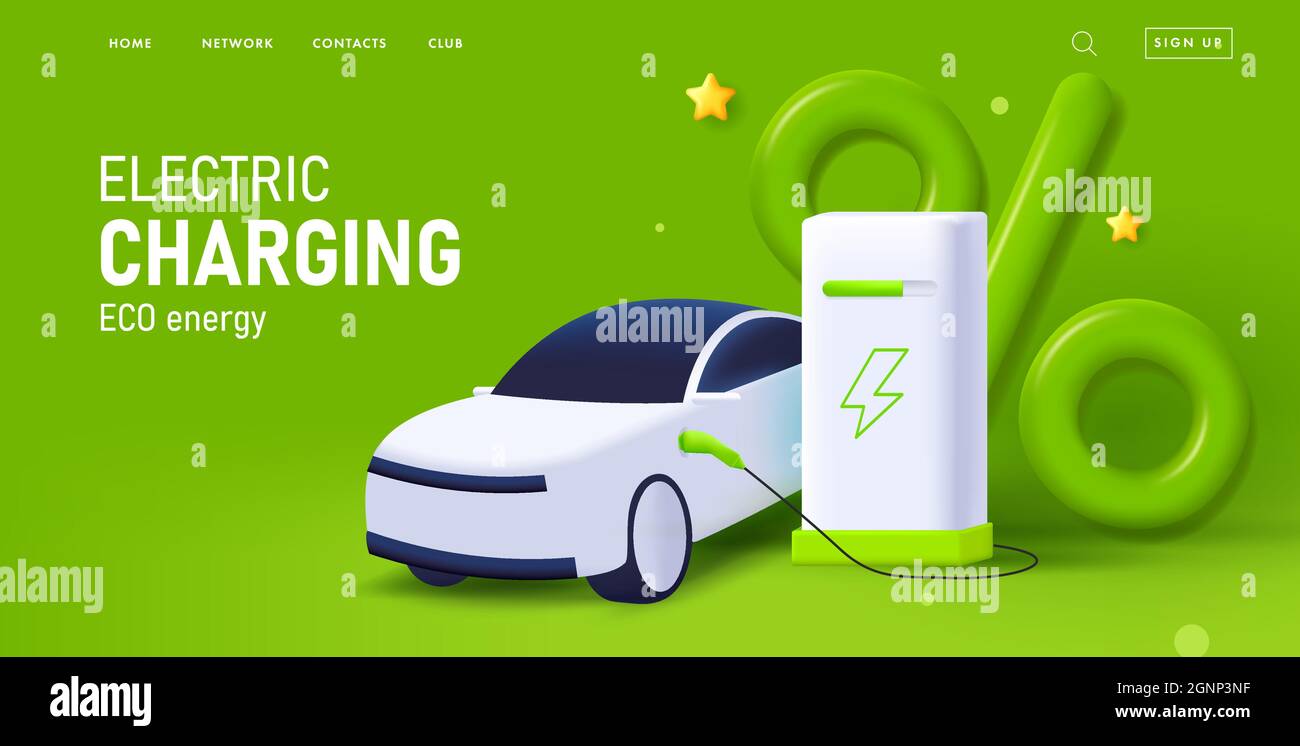 Electric car charging, 3d illustration of charging equipment and auto with green percent sign, advertising web banner Stock Vector