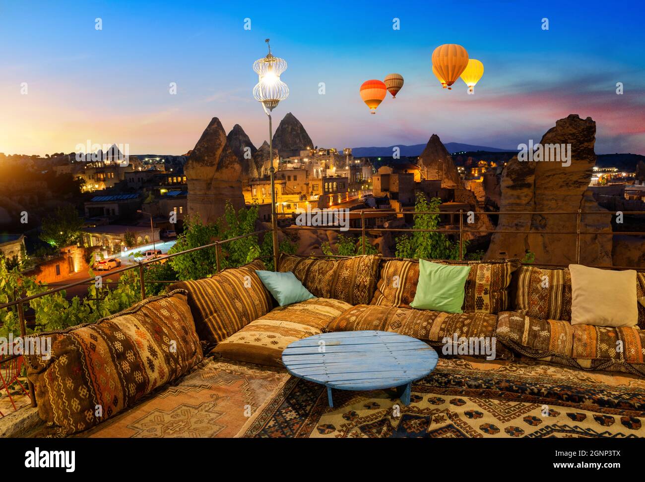 Terrace of a cafe in the town of Goreme, Turkey Stock Photo