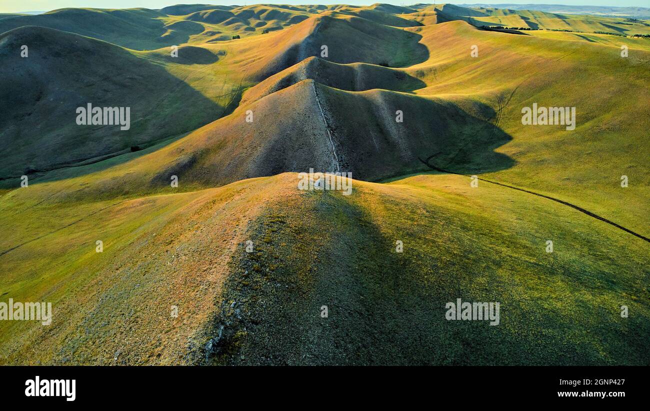 Aerial View of the Long Mountains Ridge. The beginning of the Ural mountains. Orenburg region. Stock Photo