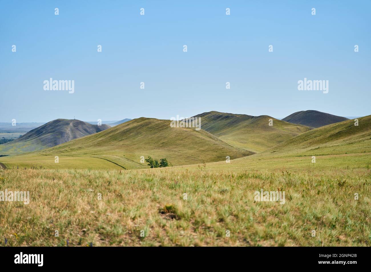 View of the Long Mountains Ridge. The beginning of the Ural mountains. Orenburg region. Stock Photo