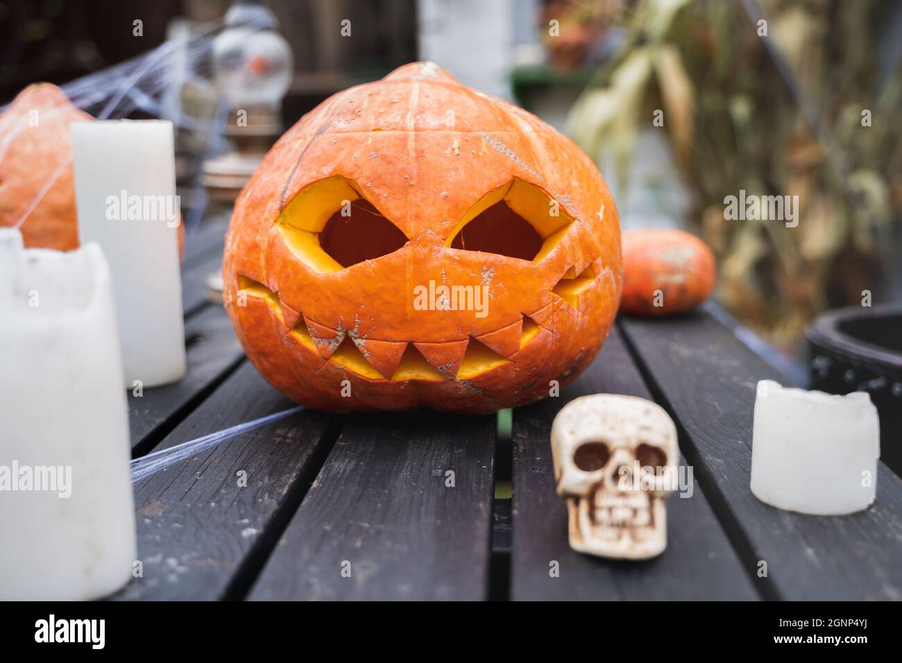 Orange pumpkin for halloween in black witch, wizard hat, jack-o-lantern ...