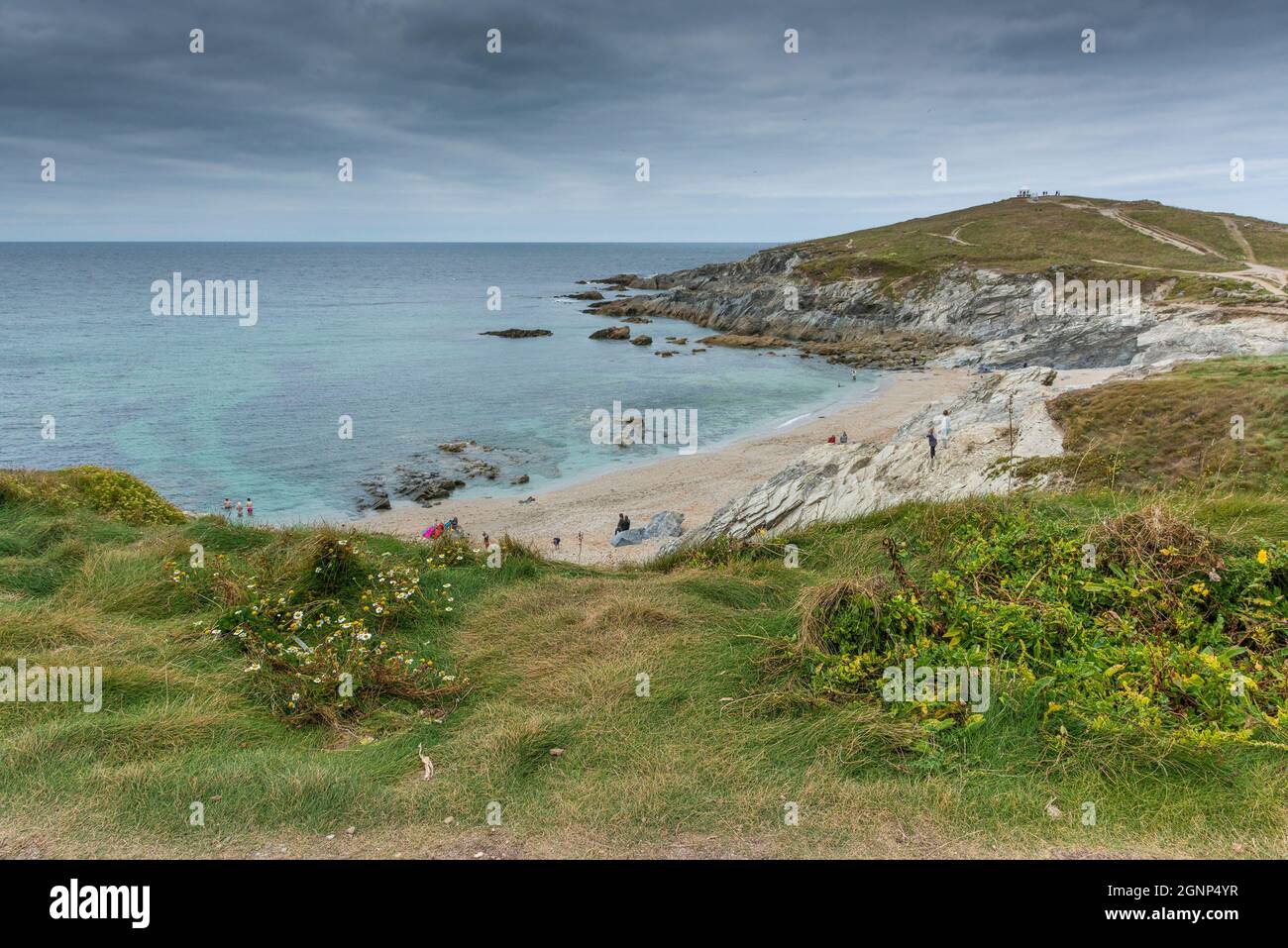 Low cloud over Towan Head overlooking Little Fistral in Newquay in Cornwall. Stock Photo