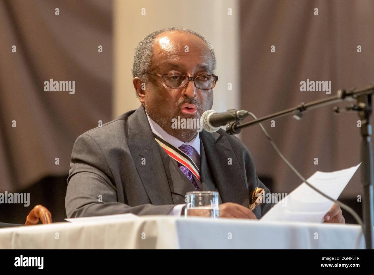 Ethiopian prince Asfa-Wossen Asserate attends the Foundation Celebration of Corps Franconia Jena Students Fraternity at Theater Regensburg in Regensburg, Germany, on 25. September 2021. Stock Photo