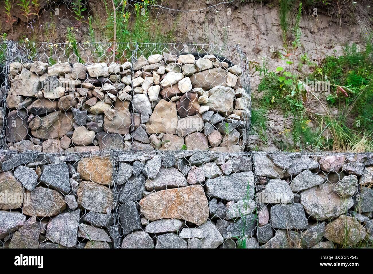 Gabion wall stones in wire mesh used for erosion control and slope
