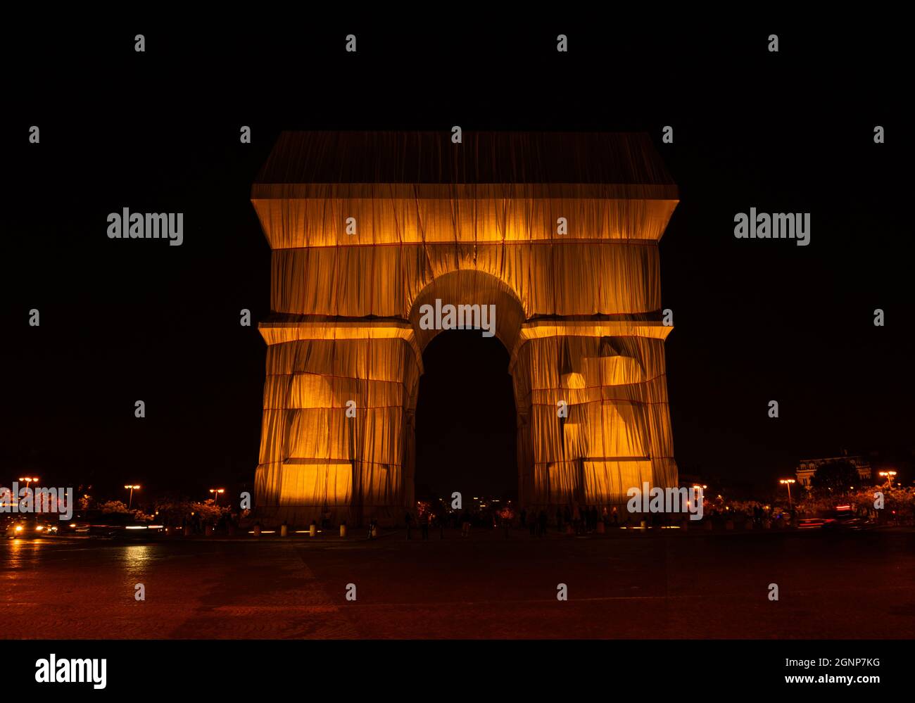 Night time view of Christo's ' wrapped' project of the Arc de Triomphe in Paris , France Stock Photo