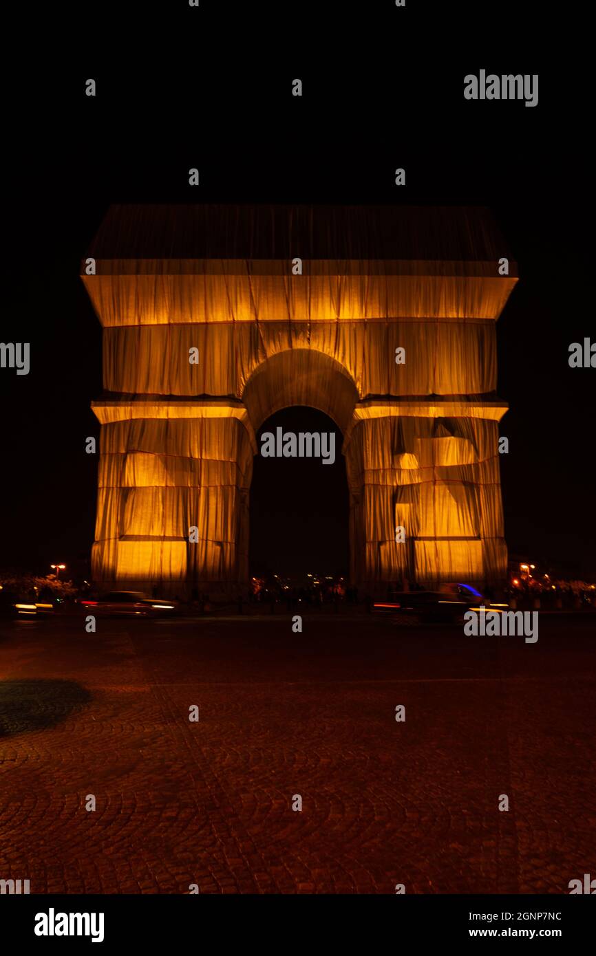 Night time view of Christo's ' wrapped' project of the Arc de Triomphe in Paris , France Stock Photo