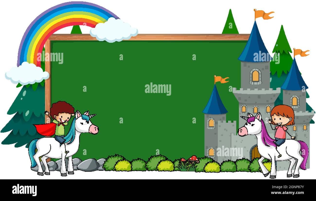 Empty chalkboard banner with fairy tale cartoon character and elements ...