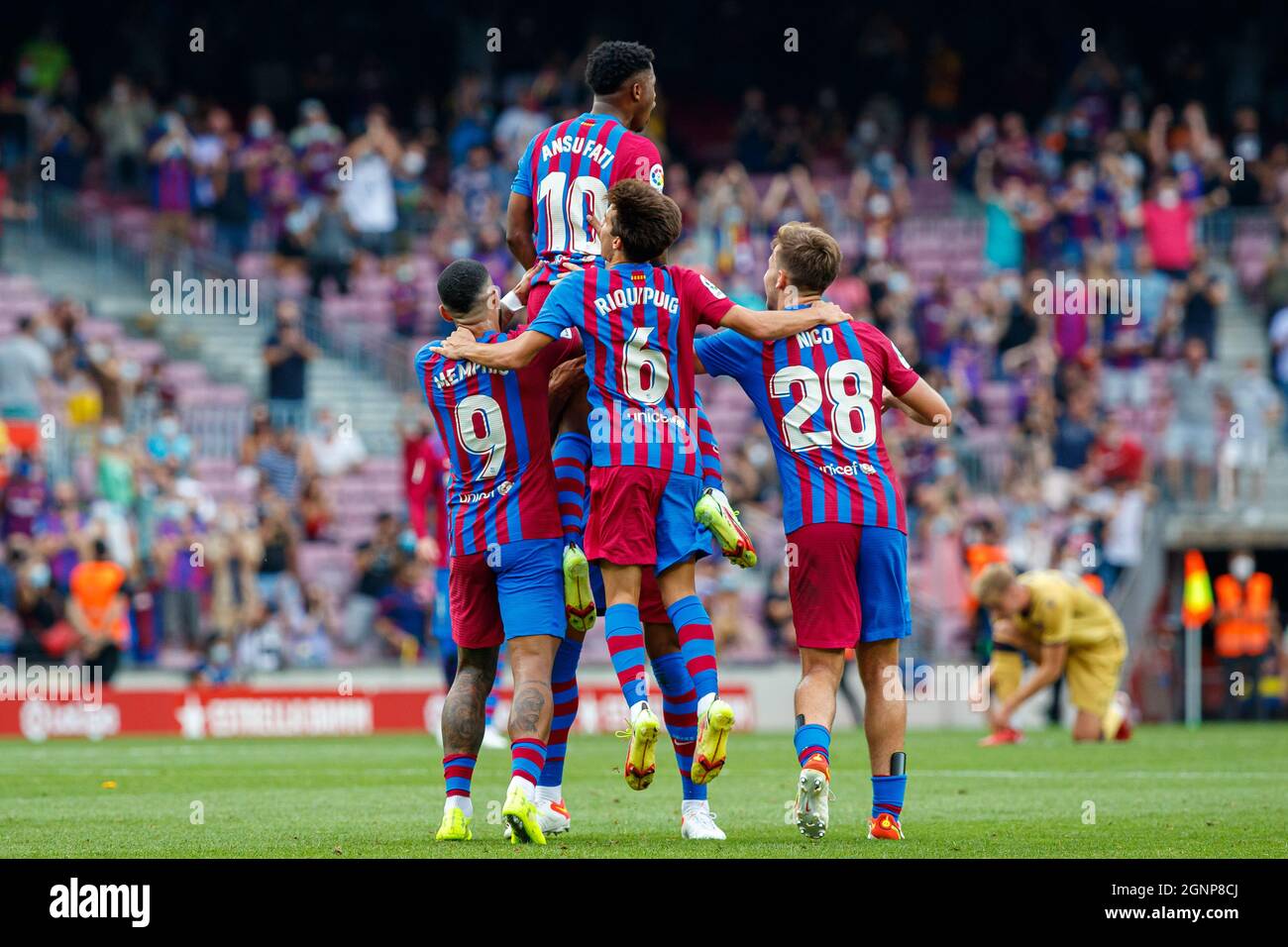 Barcelona, Spain. 26th Sep, 2021. FC Barcelona players celebrate a goal  celebrate a goal during the LaLiga match between FC Barcelona and Levante  UD at Camp Nou.Final score; FC Barcelona 3:0 Levante