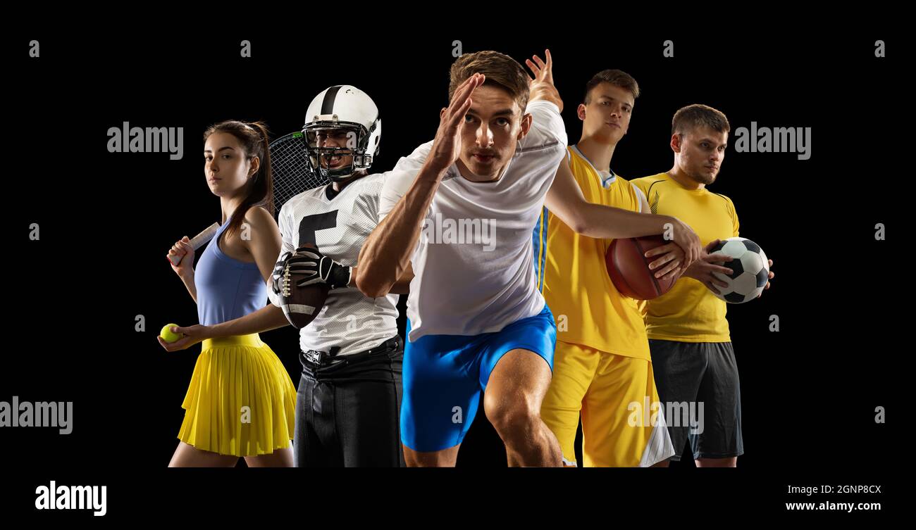 Sport art collage. Tennis, volleyball, basketball, soccer and american  football players posing like one multiethnic team isolated on dark studio  Stock Photo - Alamy