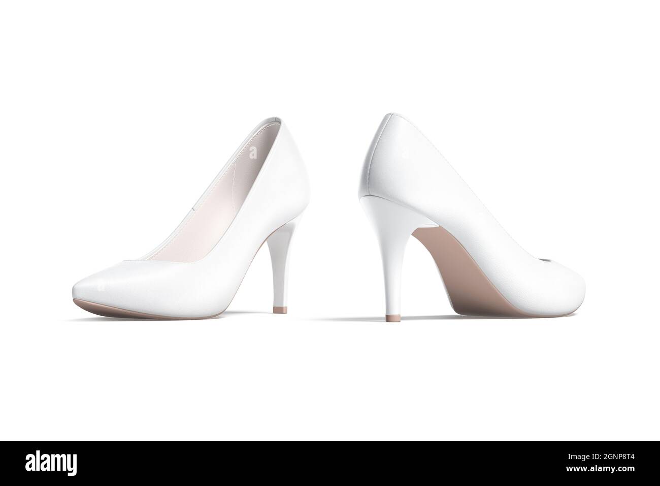 Blank white high heels shoes mockup, half-turned view, side back, 3d rendering. Empty female casual footwear mock up, isolated. Clear elegance high-he Stock Photo