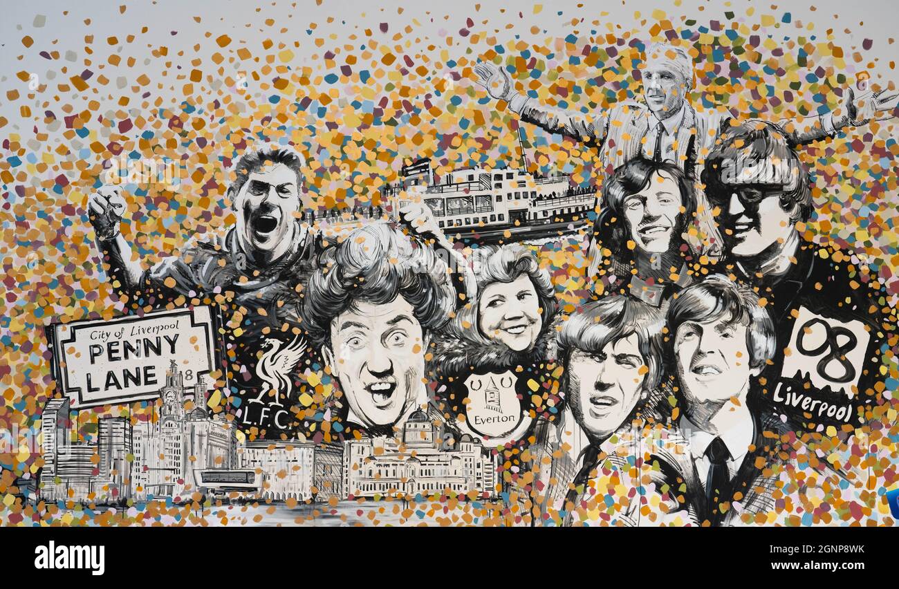 Mural of Liverpool people and places, including Ken Dodd, Bill Shankly, The Beatles, etc. Stock Photo