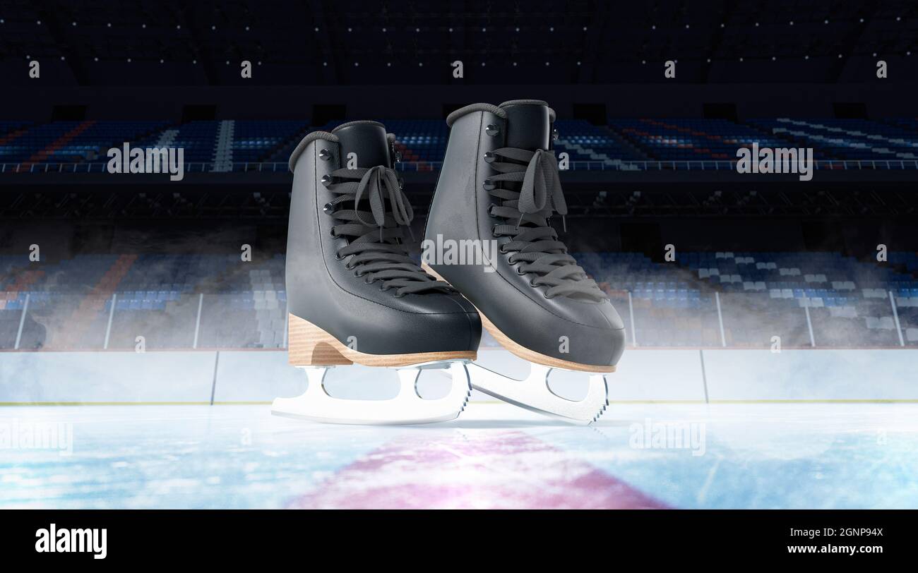 Blank ice rink surface black skates background mockup, front view, 3d ...
