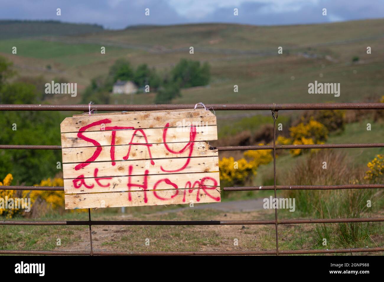 Stay at home sign, Northumberland National Park, UK Stock Photo