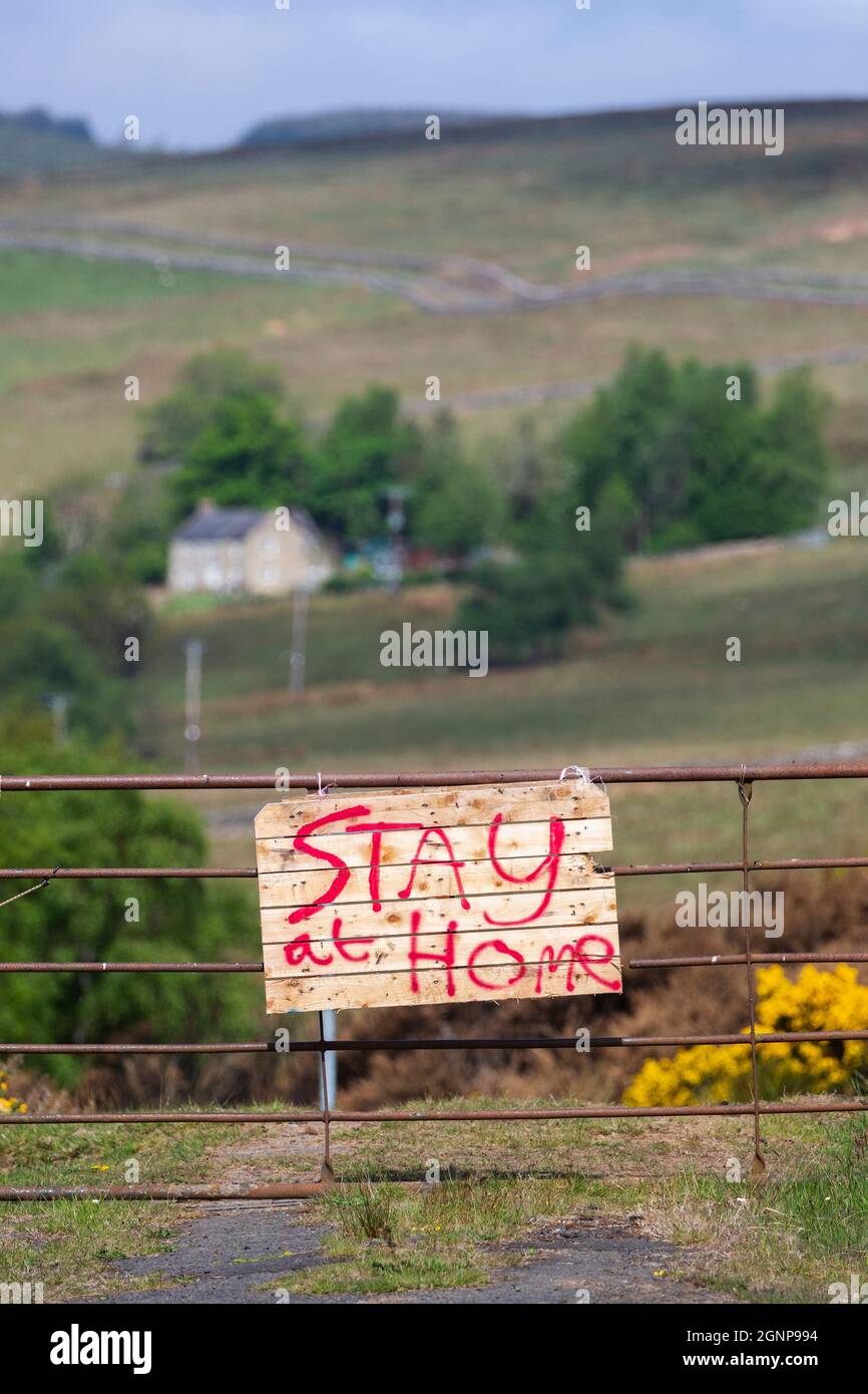 Stay at home sign, Northumberland National Park, UK Stock Photo