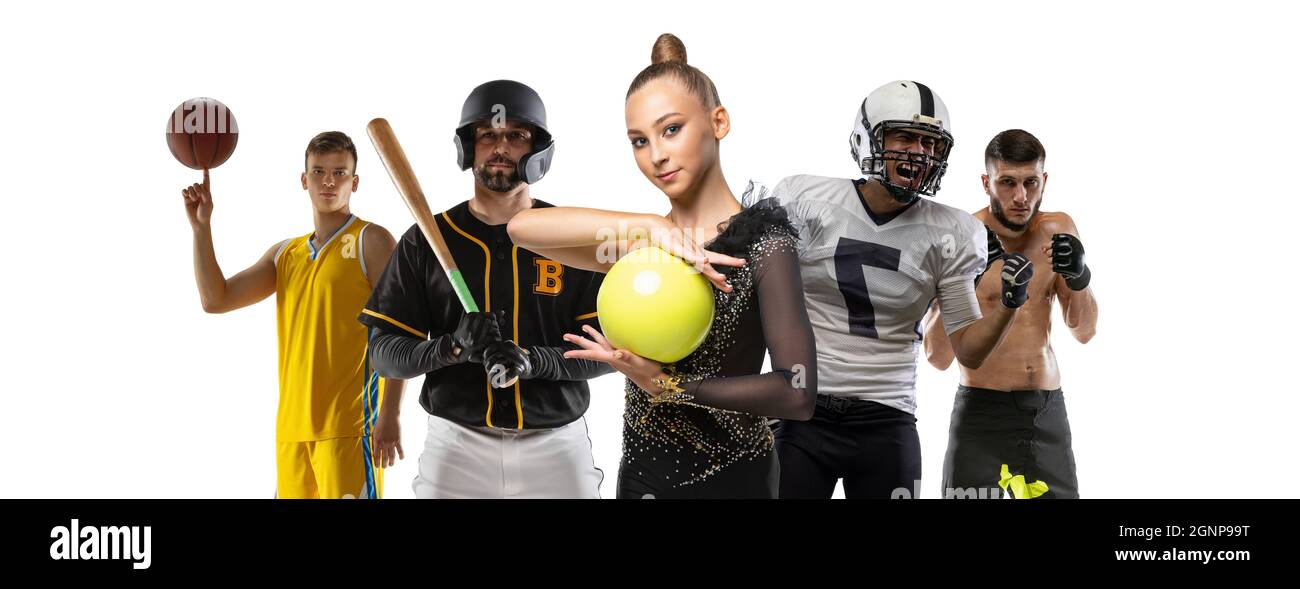 Sport collage. Tennis, boxing, voleyball, american football, boxer, baseball posing as team isolated on white studio background Stock Photo