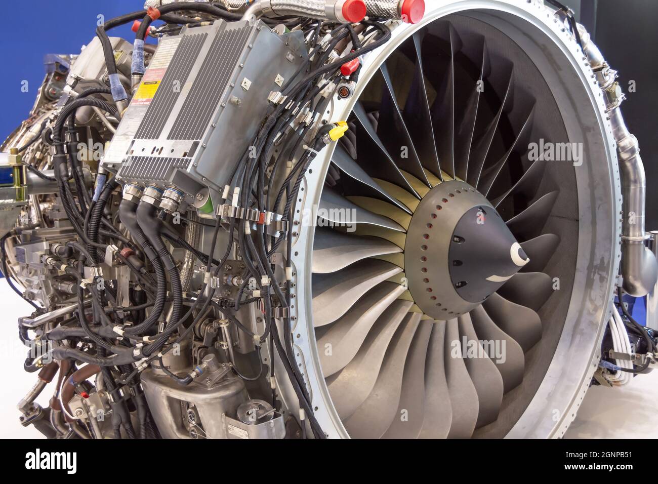 Aircraft engine turbine blades turbo fan, open hood tube air and fuel supply system Stock Photo