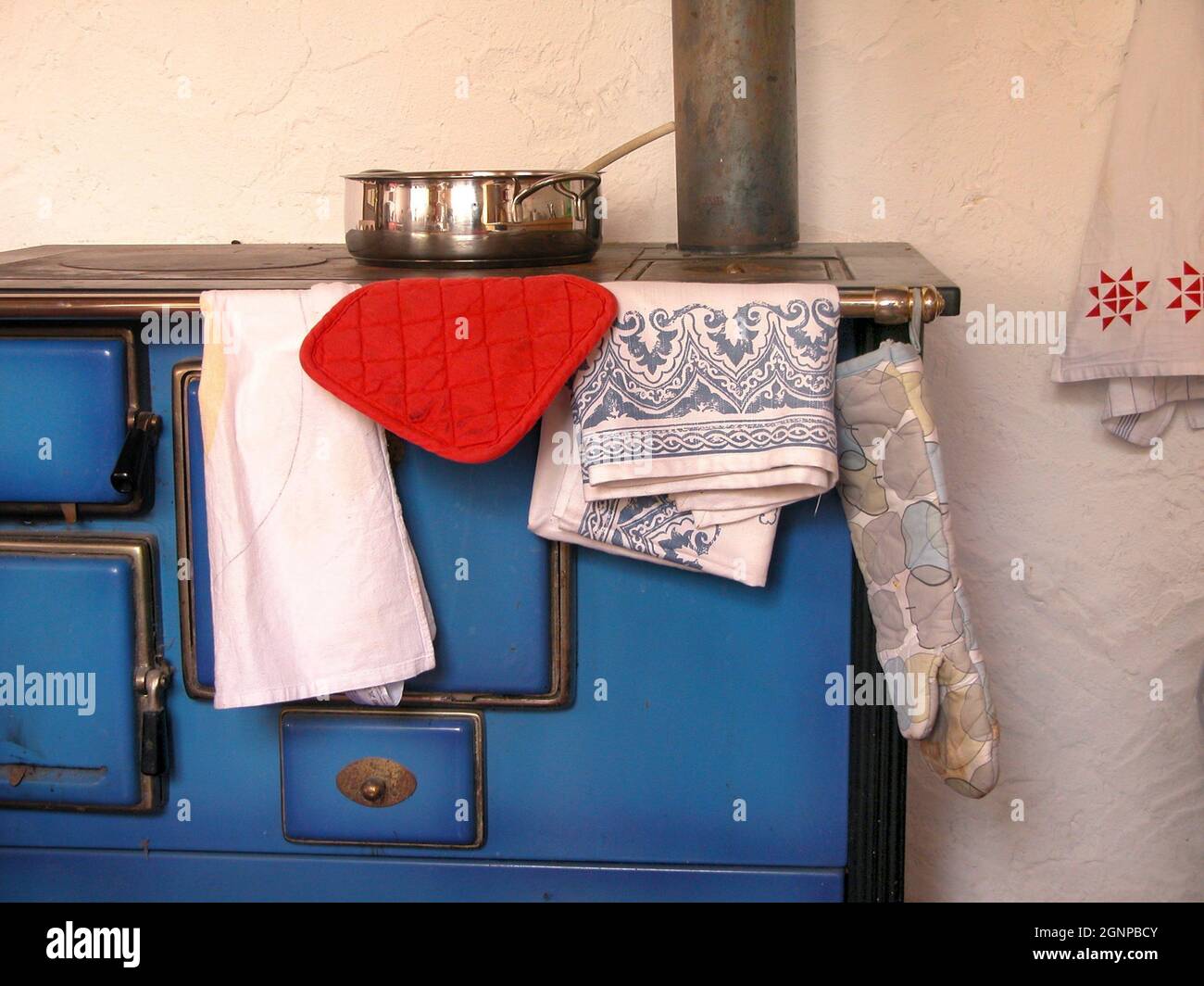 cooking pot on an old woodstove in a kitchen, Austria Stock Photo