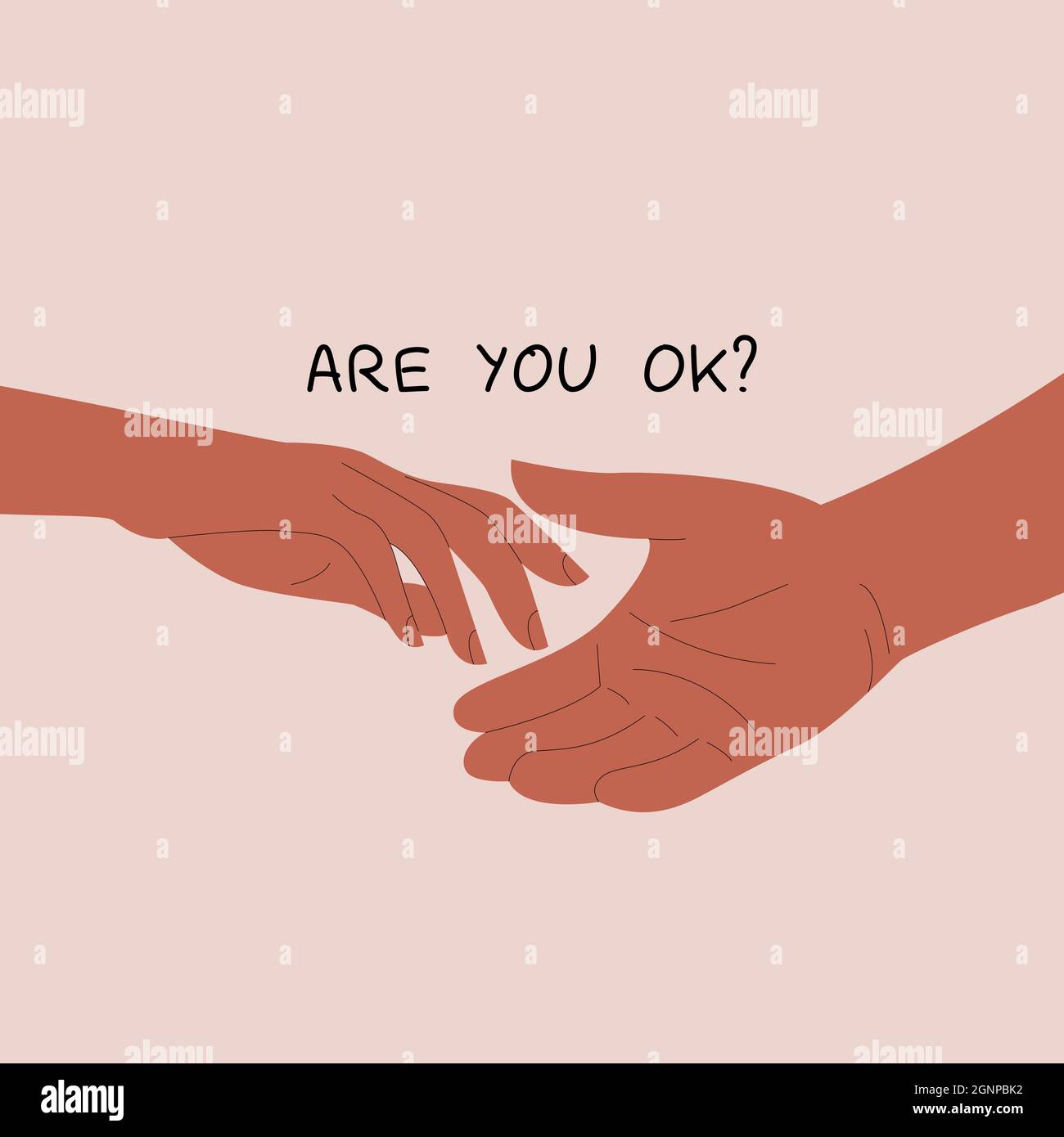 Black hands handshake with handwritten ARE YOU OK. Concept of gesture, sign of help and hope. Two hands took each other. Black ethnic community Stock Vector