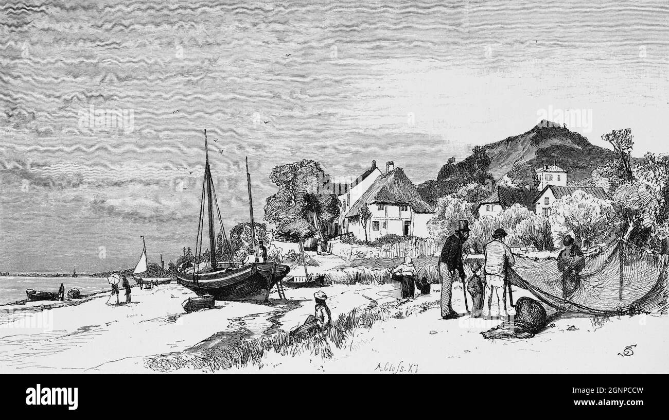 The Elbe River  beach in the Blankenese, today a posh Hamburg city district, North Germany,  historic illustration 1880, Stock Photo