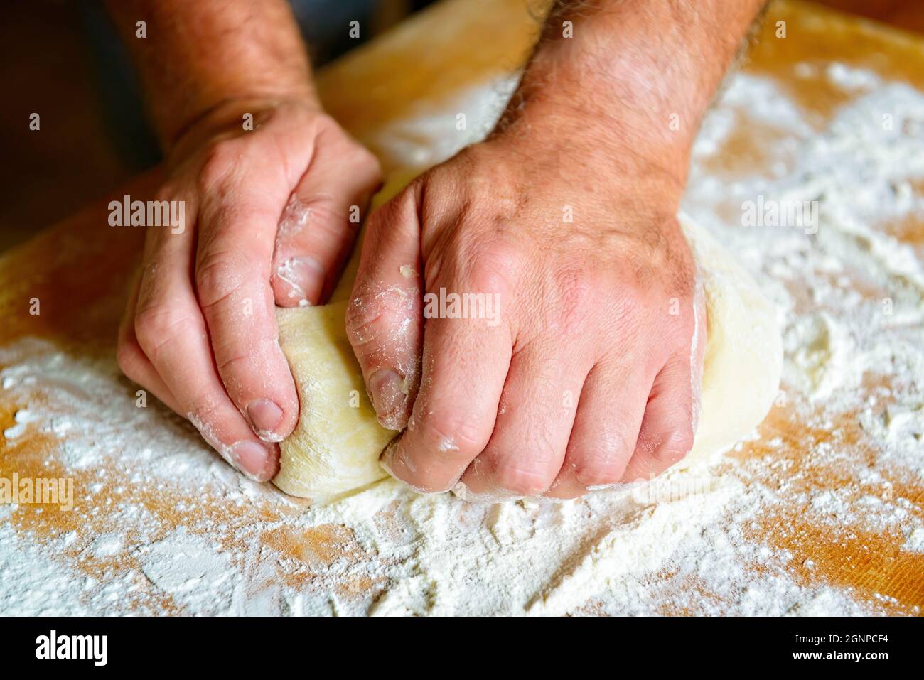 Preparing dough for white bread, rolls, pizza. Yeast dough made from wheat flour. Stock Photo