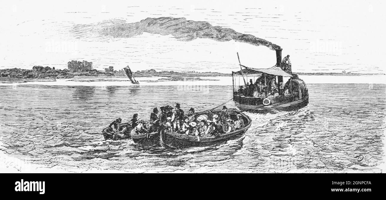 Tugging steamer on the Elbe River, North Germany,  historic illustration 1880, Stock Photo